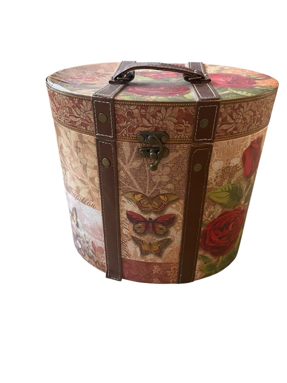 Vintage Floral Butterfly Decorative Storage Hat Box - Brown & Red